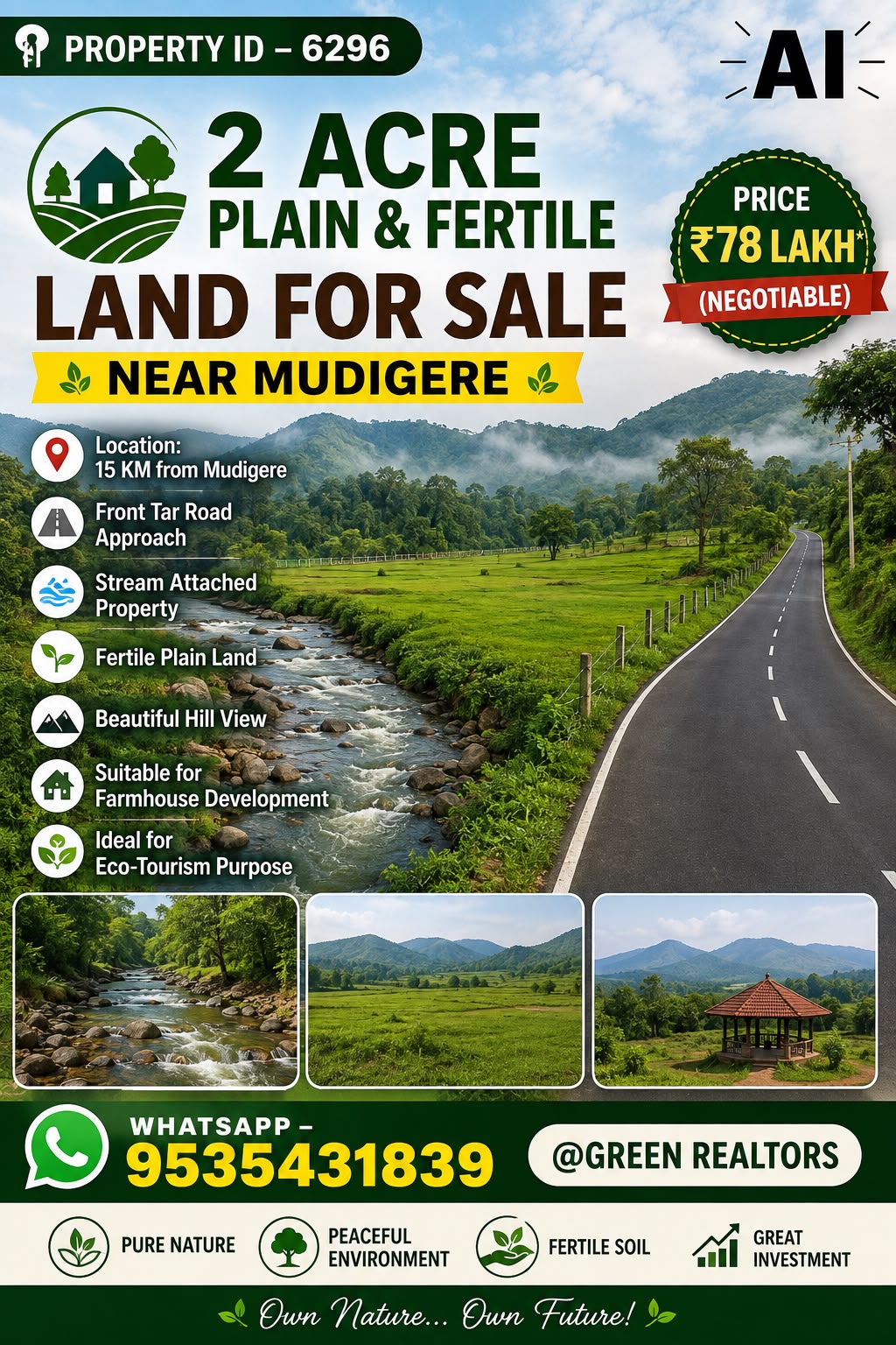 🌿🏡 *PROPERTY ID – 6296* 🌳 *2 ACRE PLAIN & FERTILE LAND FOR SALE – NEAR MUDIGERE*